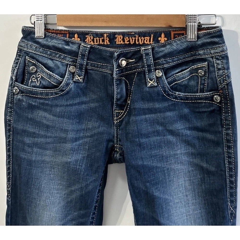 Women's Rock Revival LOW Rise Pat Straight Rhinestone Denim‎ Jeans Sz 26 Stretch